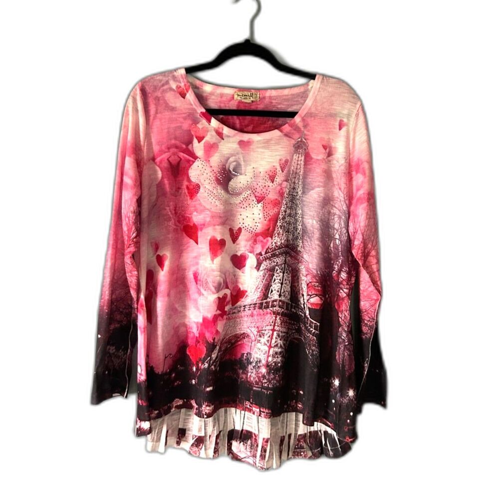 One World pink/black Parisian scene print tunic with rhinestone embellished XL